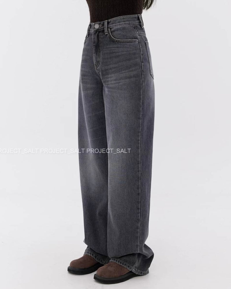 High-waisted Grey Wide Leg Jeans with Fleece Lining