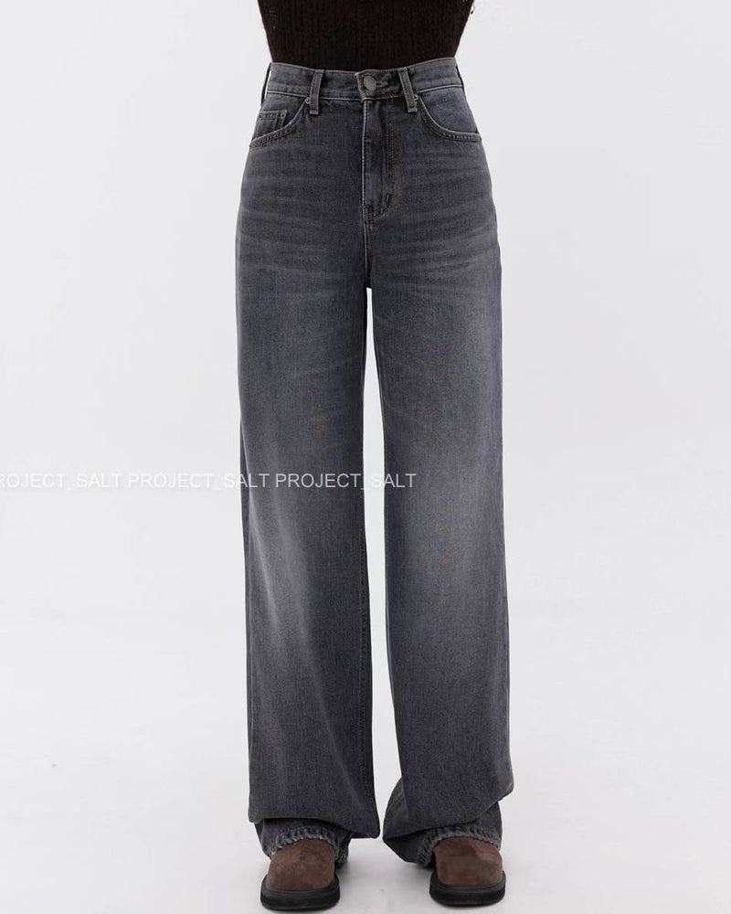 High-waisted Grey Wide Leg Jeans with Fleece Lining