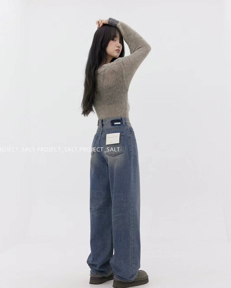 High-waisted Washed Blue Wide Leg Jeans with Fleece Lining