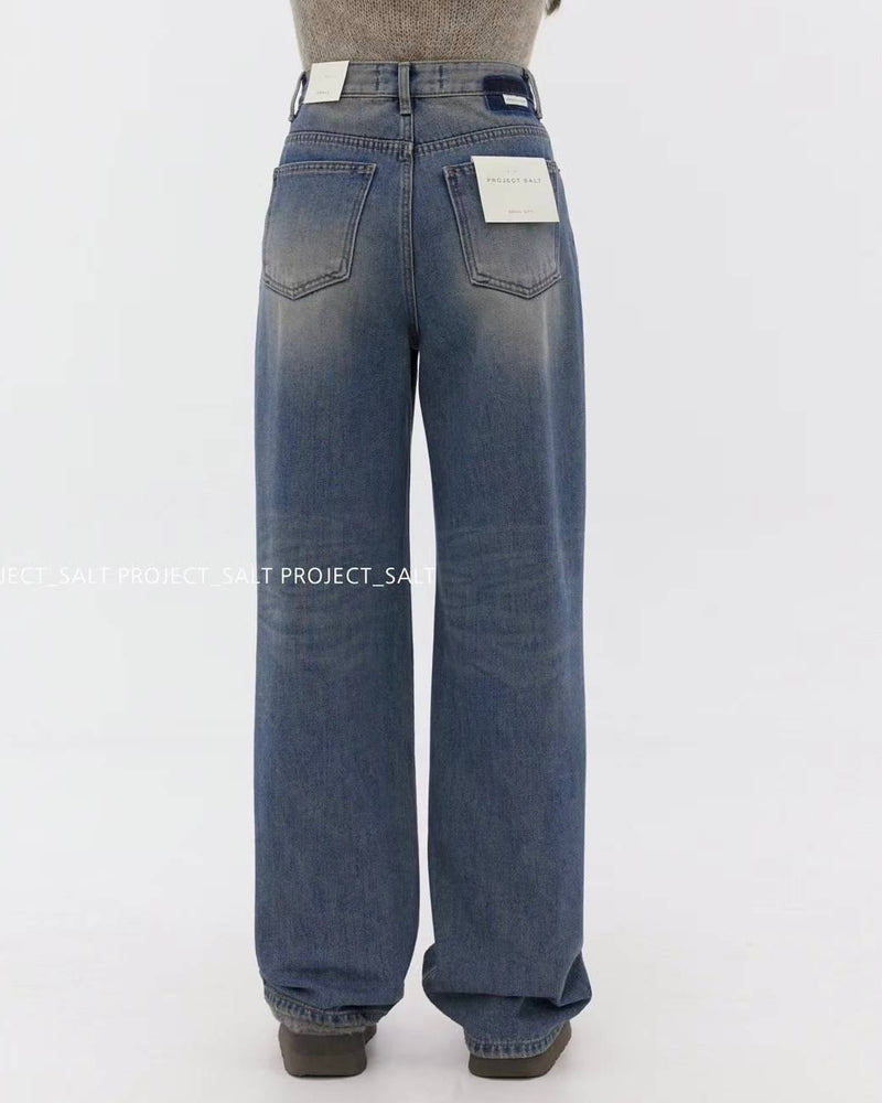 High-waisted Washed Blue Wide Leg Jeans with Fleece Lining