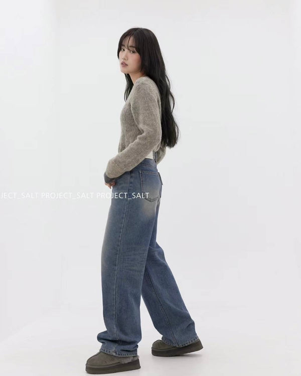 High-waisted Washed Blue Wide Leg Jeans with Fleece Lining