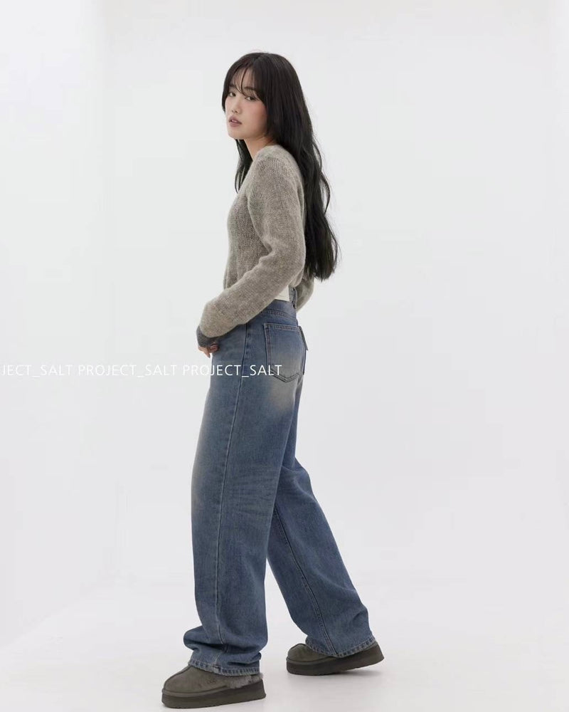 High-waisted Washed Blue Wide Leg Jeans with Fleece Lining