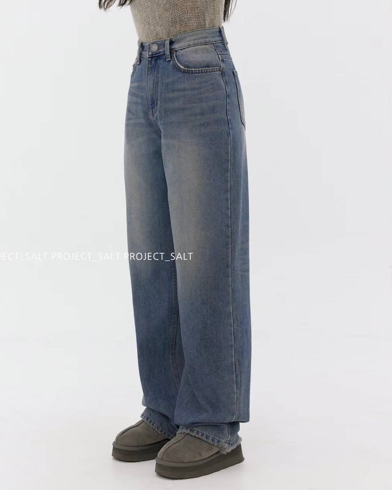 High-waisted Washed Blue Wide Leg Jeans with Fleece Lining