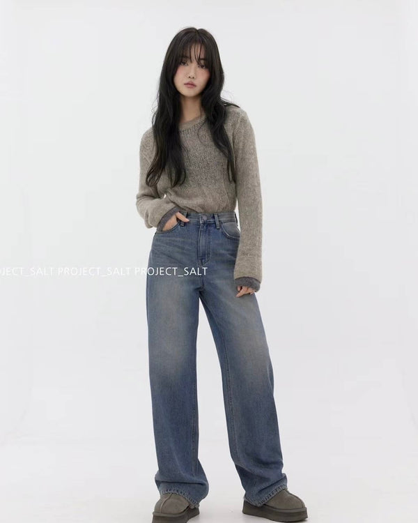 High-waisted Washed Blue Wide Leg Jeans with Fleece Lining