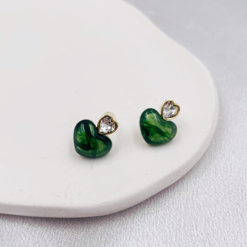 Green Heart with Rhinestone Earrings