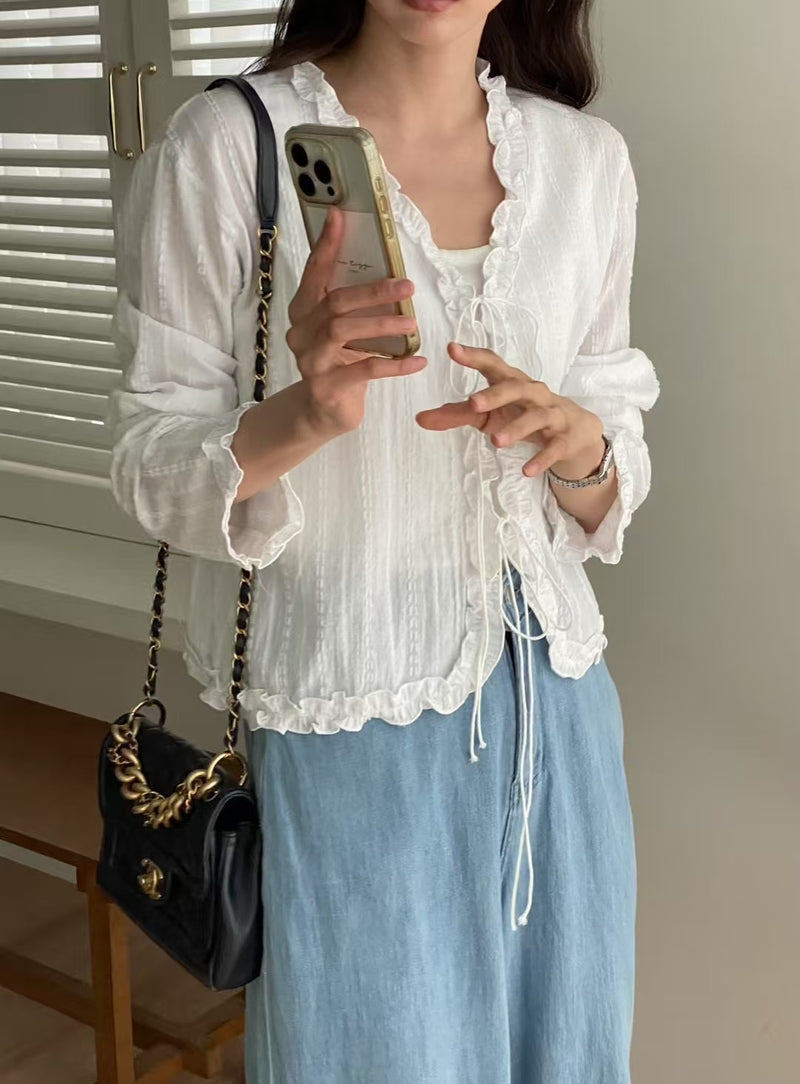 Lace Stripe with Ruffle Edge Front Tie Top