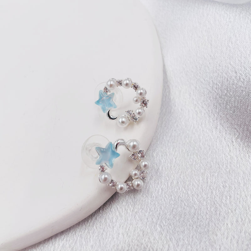 Blue Star with Pearls Circle Earrings