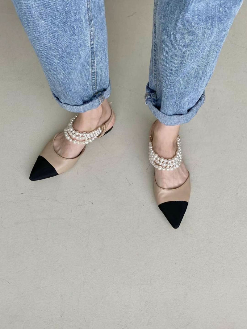 Layered Pearl Straps Pointy-toe Flats