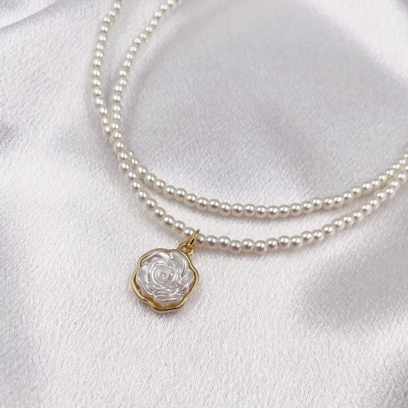 Two-layered Pearls Necklace with Flower Pendant