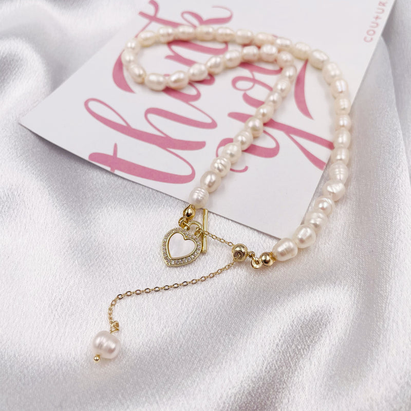 Pearl Chain with Heart Lariat Necklace