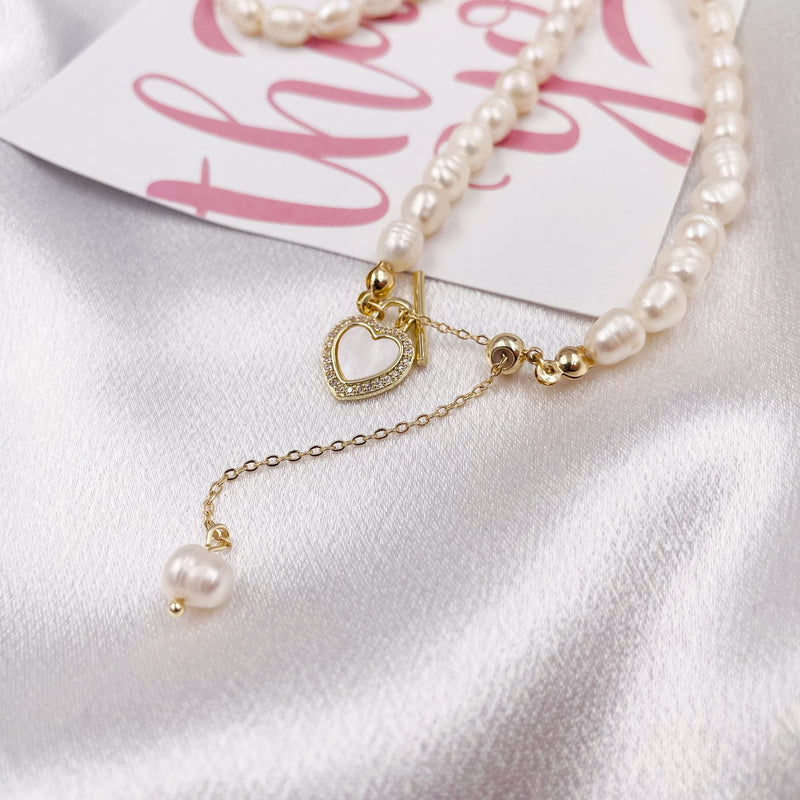 Pearl Chain with Heart Lariat Necklace