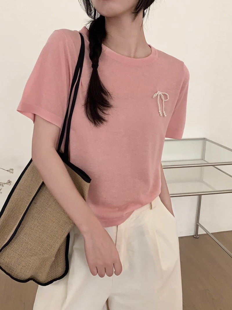 Pearl Bow Knit T-shirt