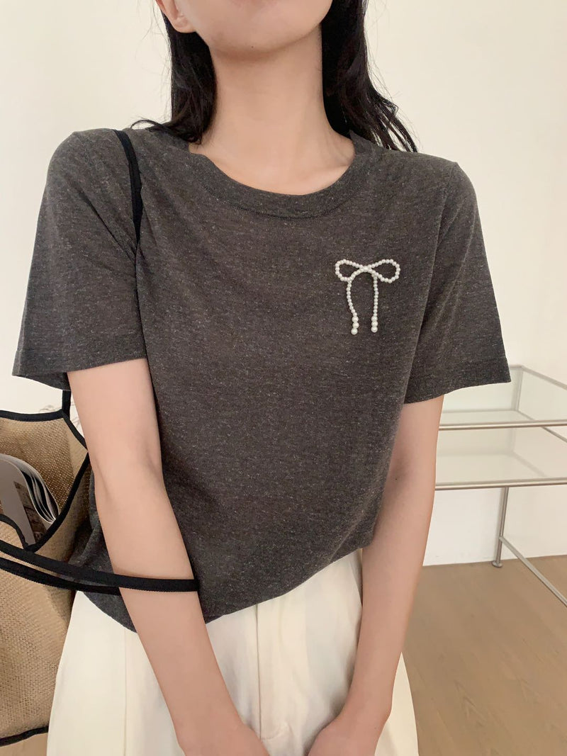 Pearl Bow Knit T-shirt