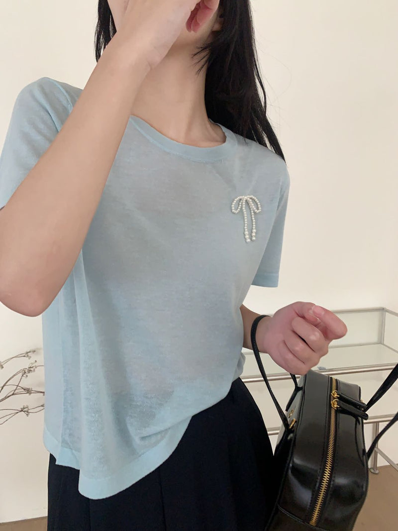 Pearl Bow Knit T-shirt