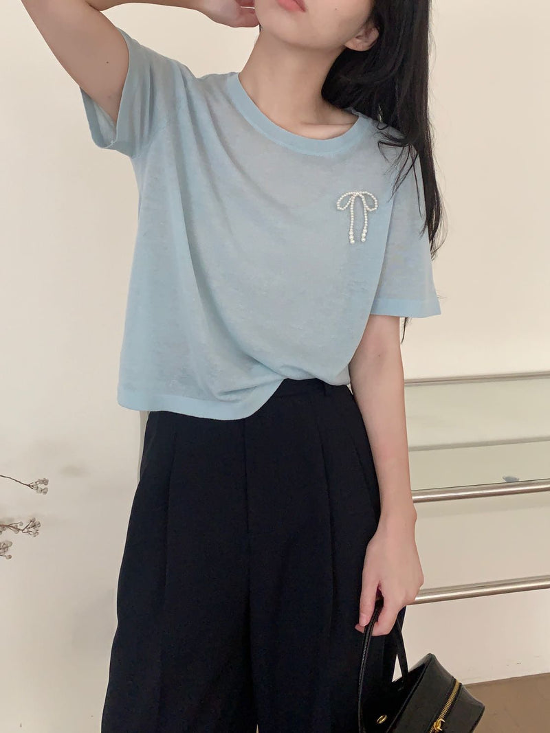 Pearl Bow Knit T-shirt