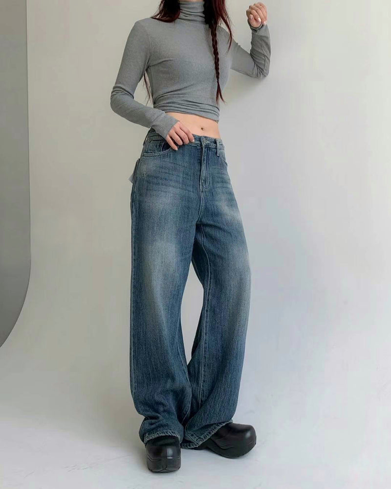 High-waisted Washed Blue Wide Leg Denim