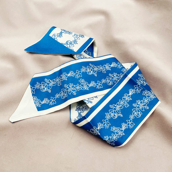 Blue and White Flower Pattern Long Scarf