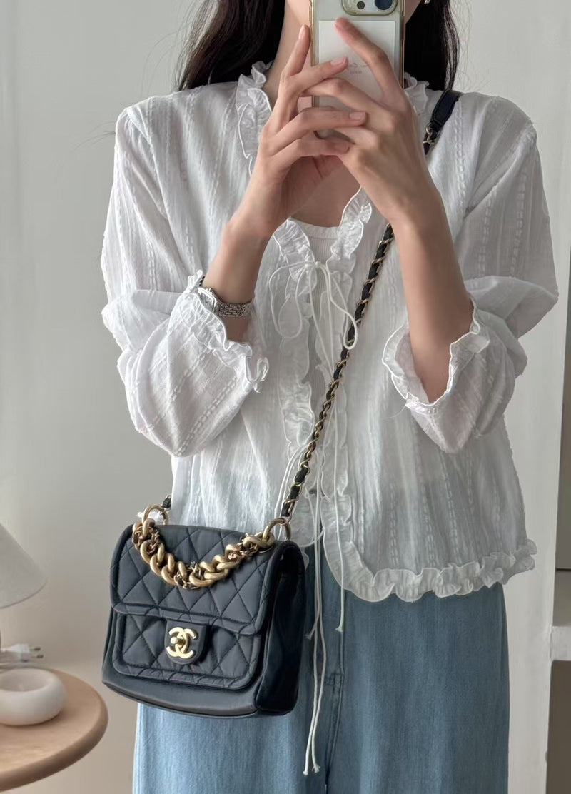 Lace Stripe with Ruffle Edge Front Tie Top