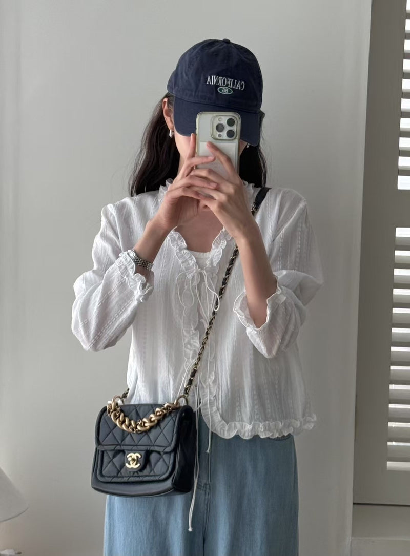 Lace Stripe with Ruffle Edge Front Tie Top