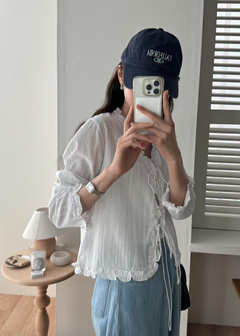 Lace Stripe with Ruffle Edge Front Tie Top