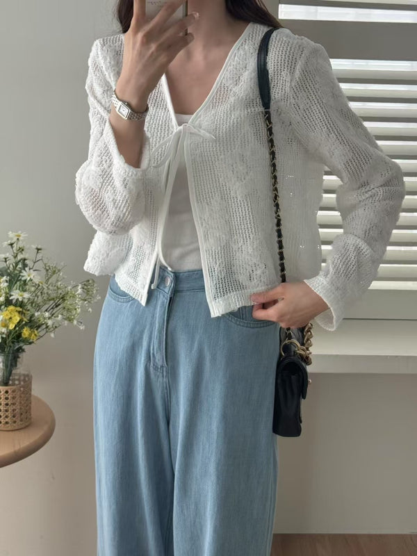 Flower Knit Front Tie Cardigan