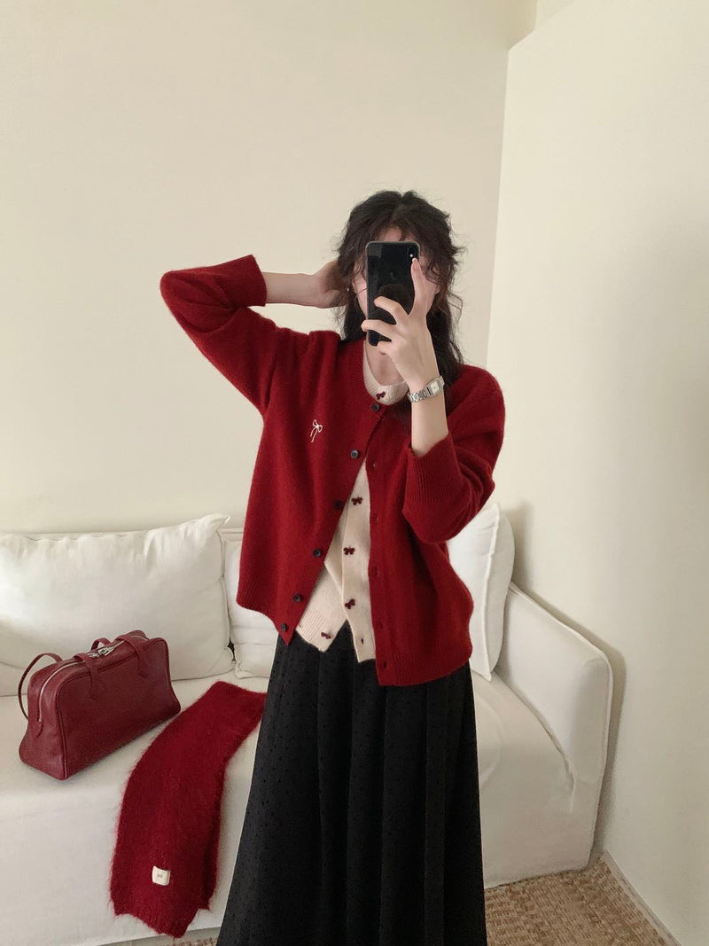 Two-layered Bow Logo Cardigan