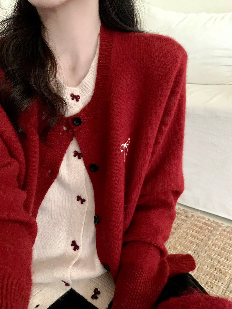 Two-layered Bow Logo Cardigan