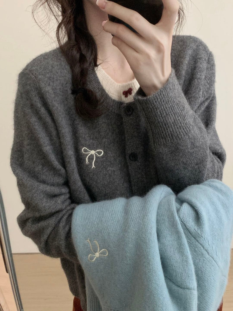 Two-layered Bow Logo Cardigan