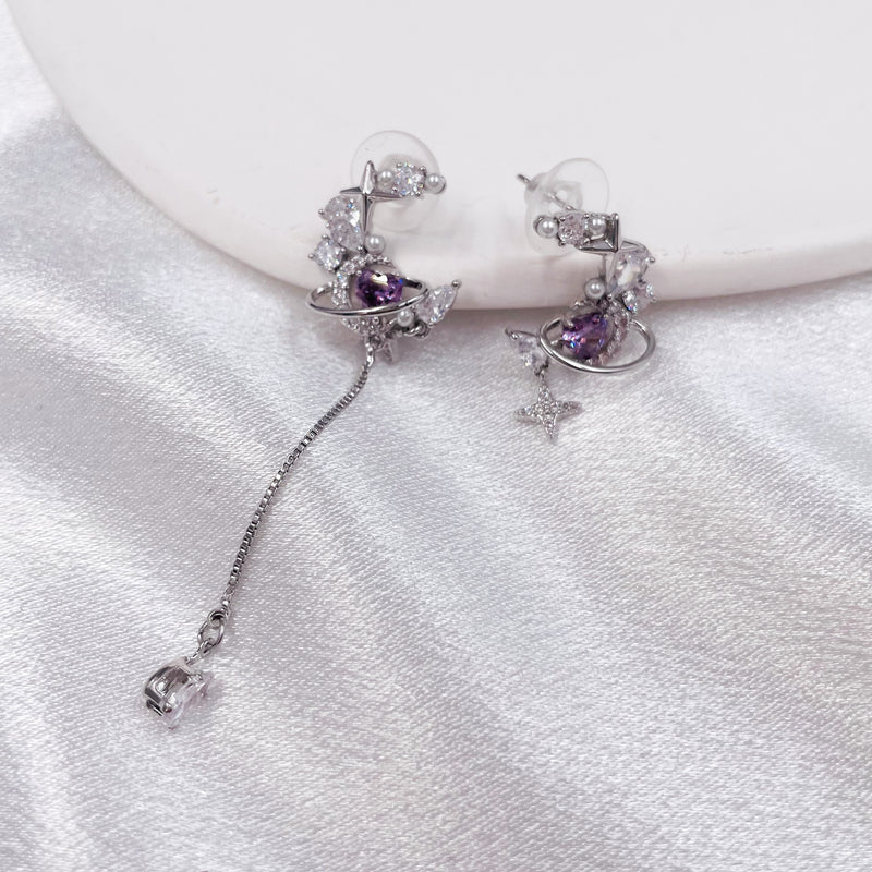 Asymmetrical Purple Rhinestone Moon Earrings