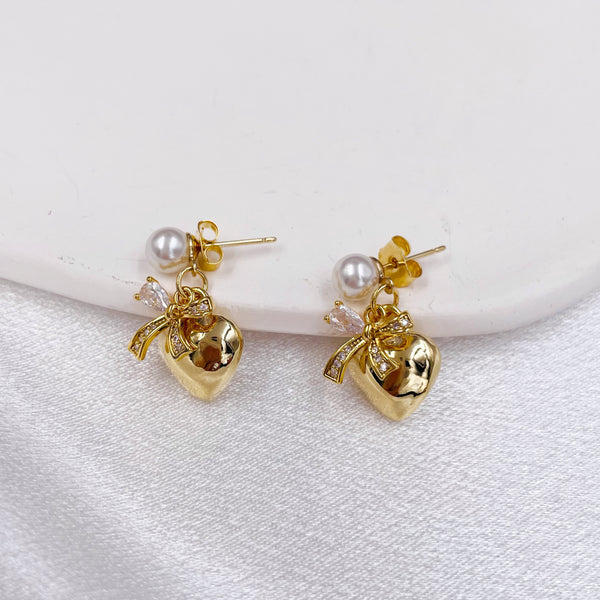 Pearl with Heart and Rhinestone Bow Earrings