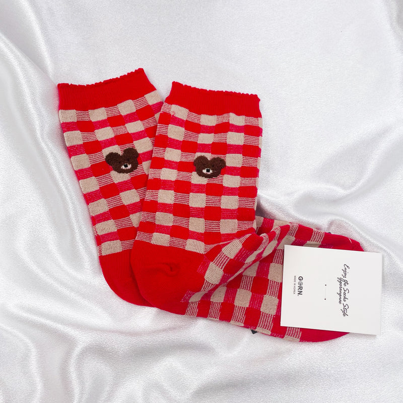 Red Checker Bear Socks