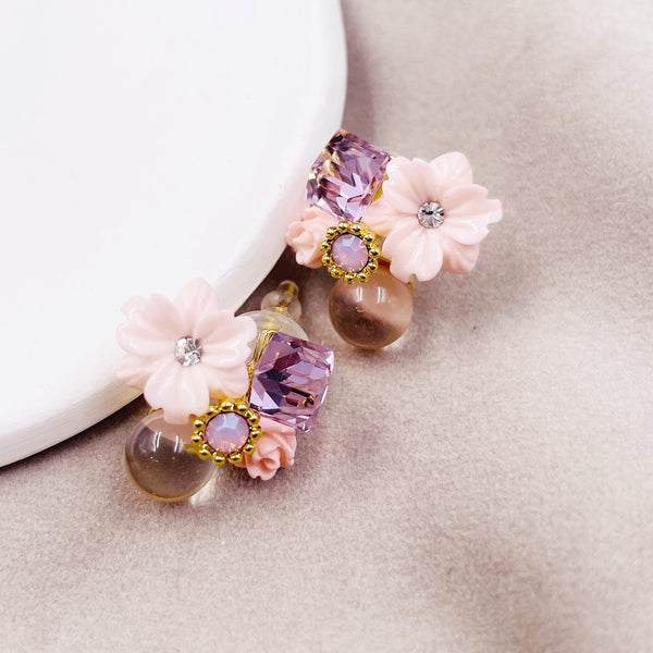 Pink Flower and Rhinestone Earrings