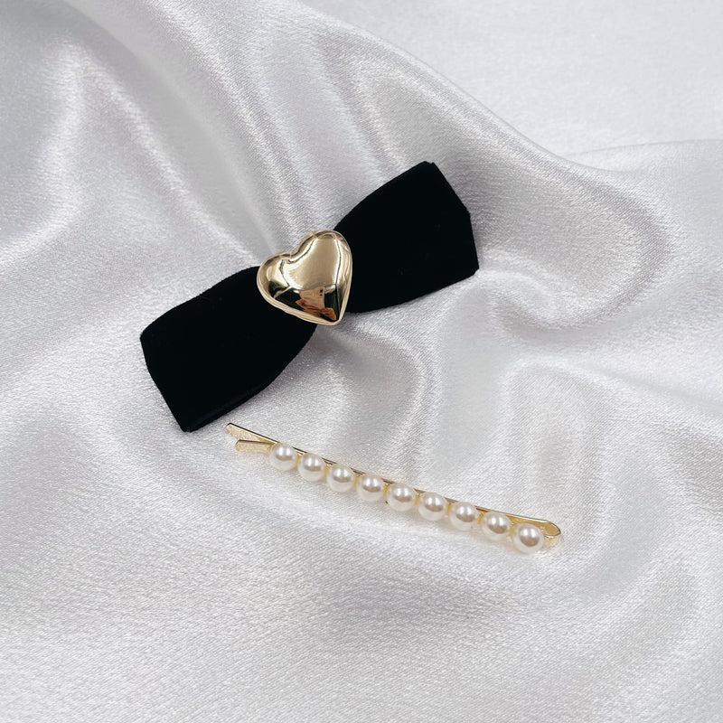 Velvet Bow with Heart and Pearl Clip Set