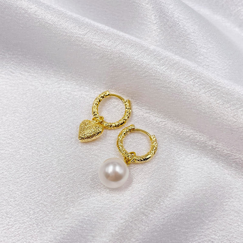 Asymmetrical Pearl and Heart Hoop Earrings
