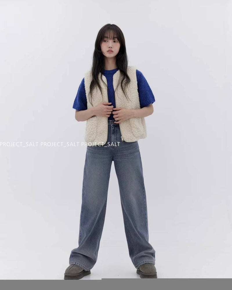 High-waisted Blue Relax Tapered Jeans with Fleece Lining