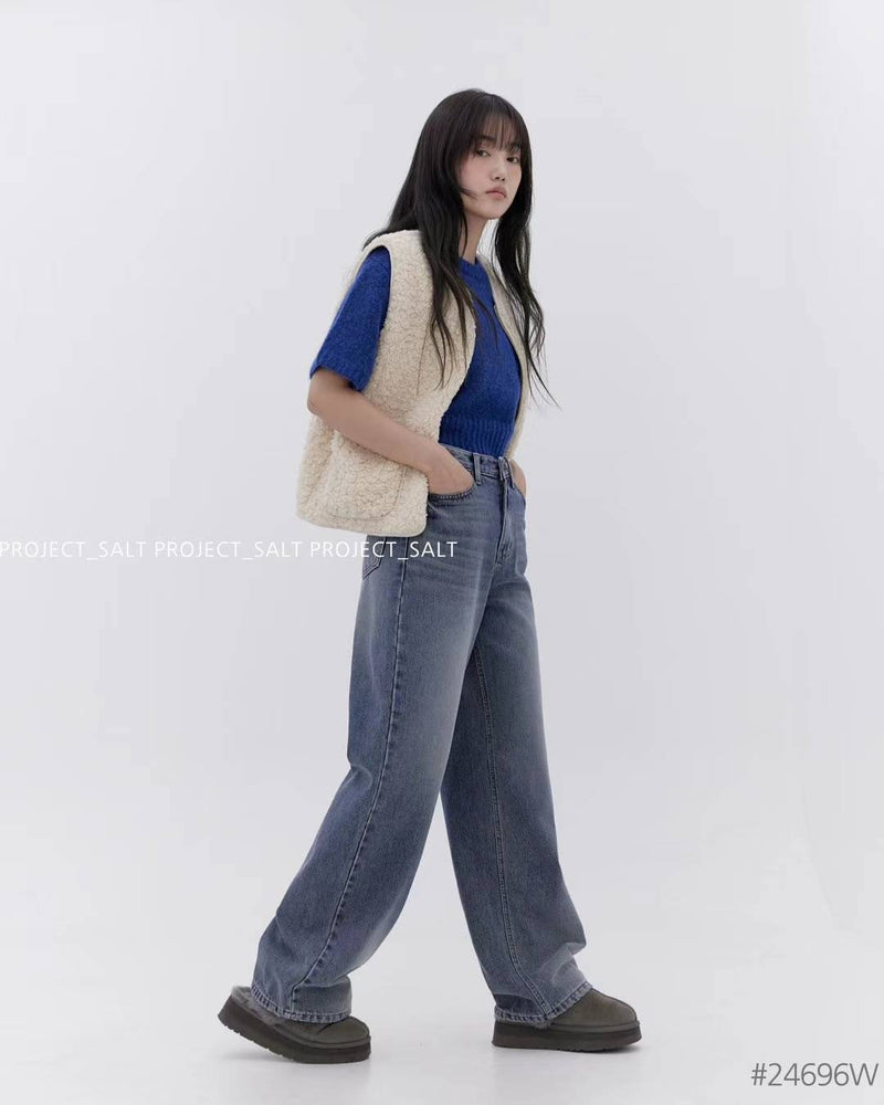 High-waisted Blue Relax Tapered Jeans with Fleece Lining