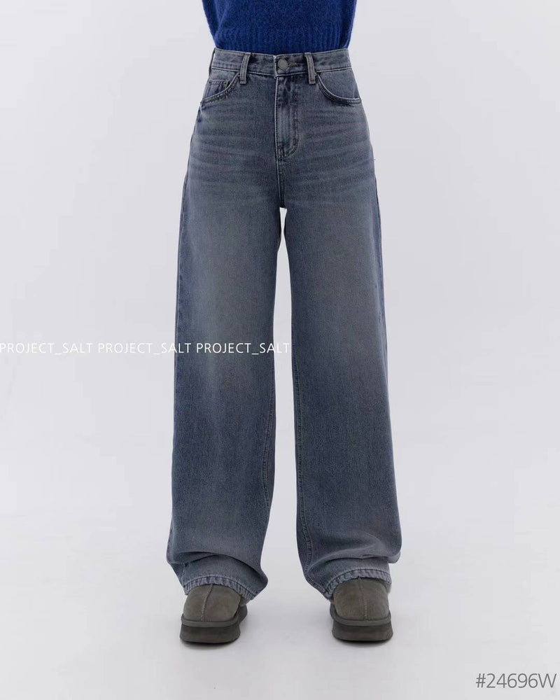 High-waisted Blue Relax Tapered Jeans with Fleece Lining