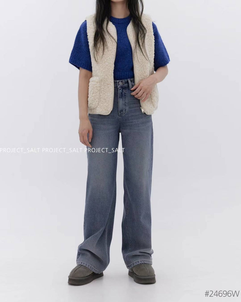 High-waisted Blue Relax Tapered Jeans with Fleece Lining