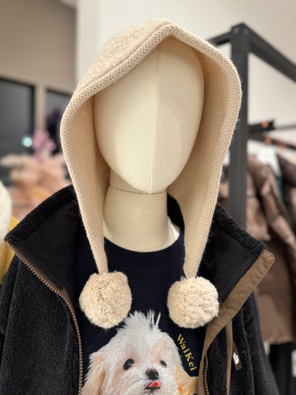 Wool Hood Style Hat with Pom Poms