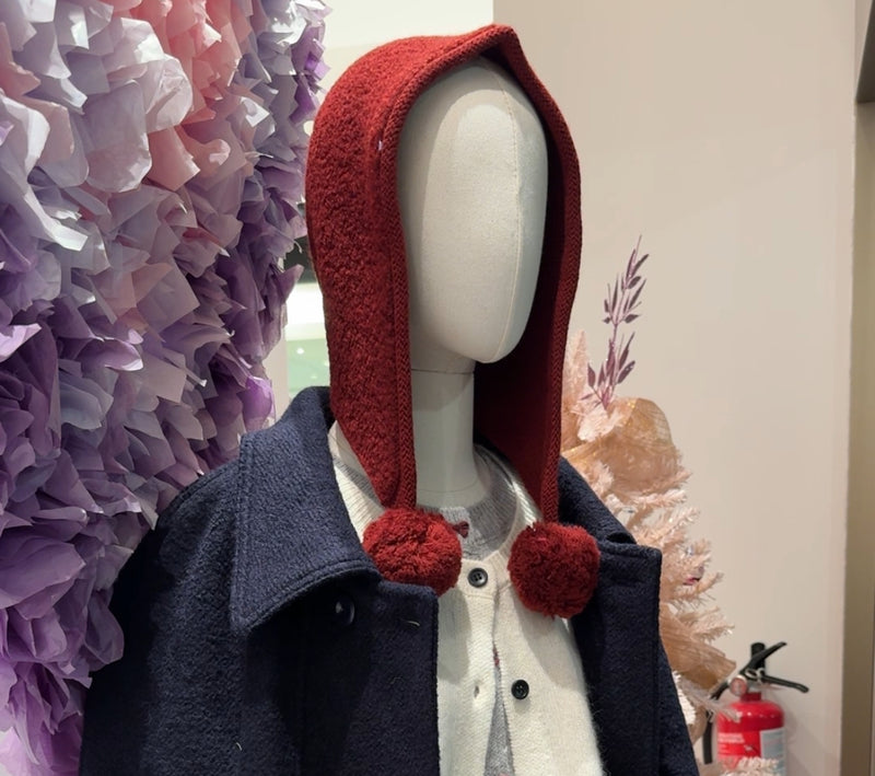 Wool Hood Style Hat with Pom Poms