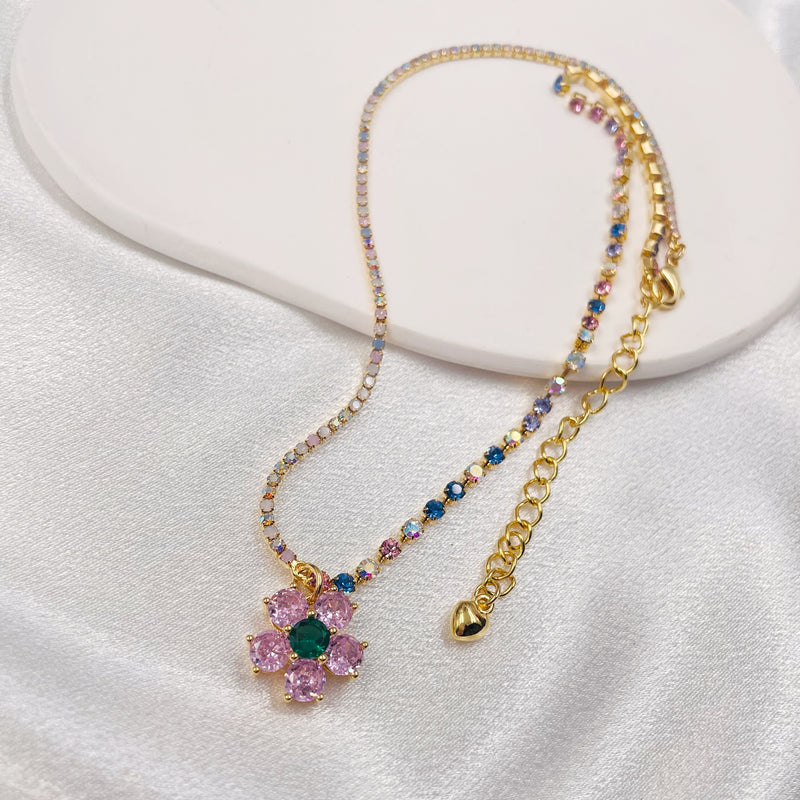 Colorful Rhinestones and Flower Necklace