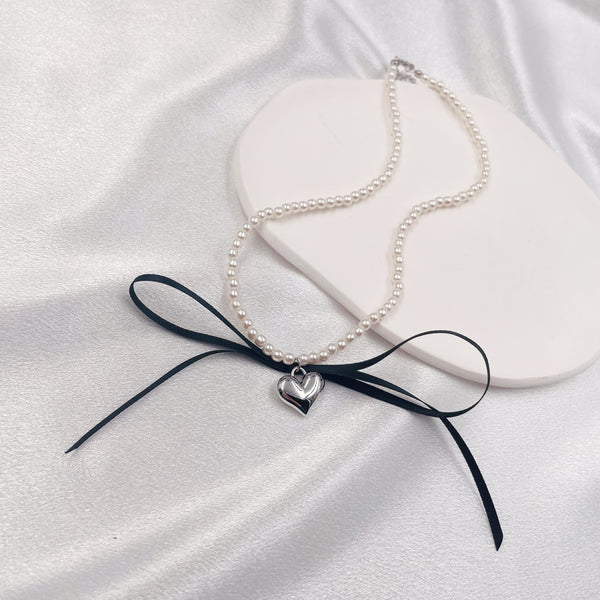 Pearl Chain with Long Ribbon Bow and Heart Choker