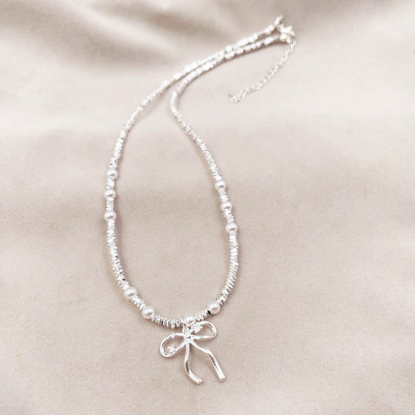Silver Beads with Metal Bow Necklace
