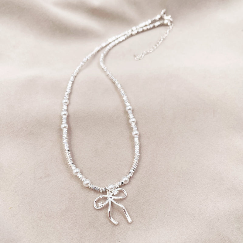 Silver Beads with Metal Bow Necklace