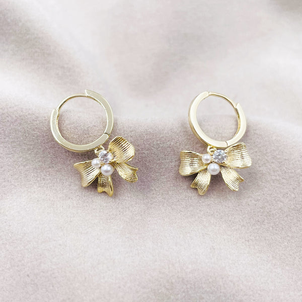 Hanging Bow with Pearls and Rhinestone Hoop Earrings