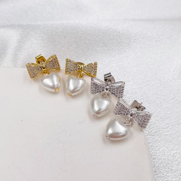 Rhinestone Bow with Pearl Heart Earrings