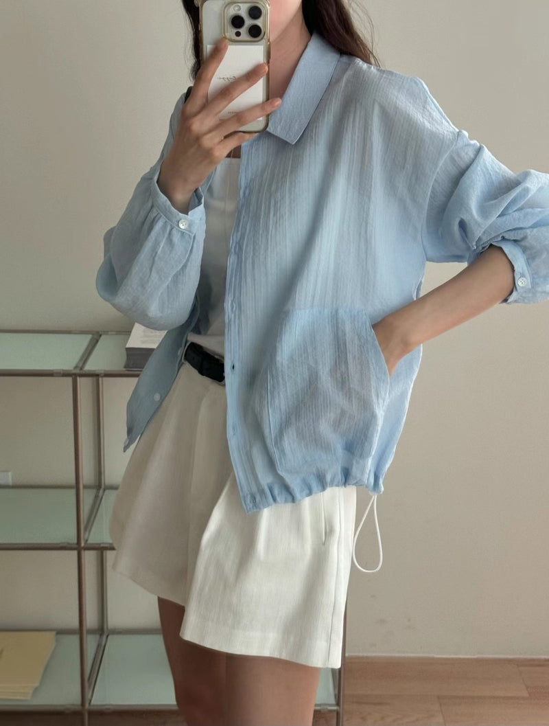 Button Up Collar Shirt with Drawstring