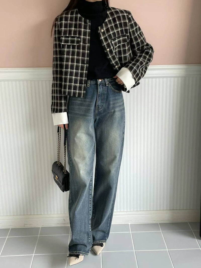 Checker with Sleeve Panels Tweed Jacket