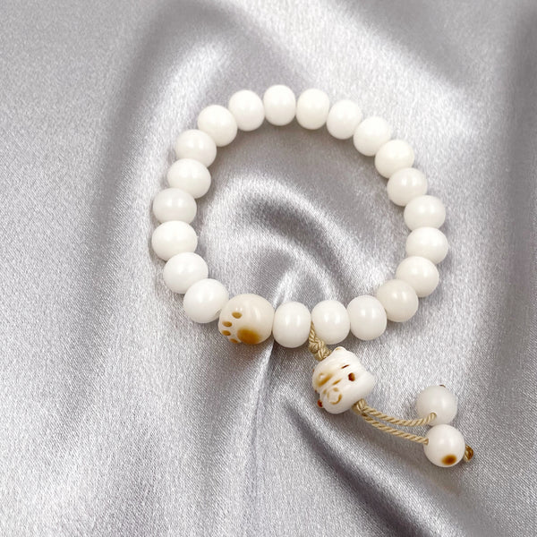 White Jade Bodhi with Cat and Paw Bracelet