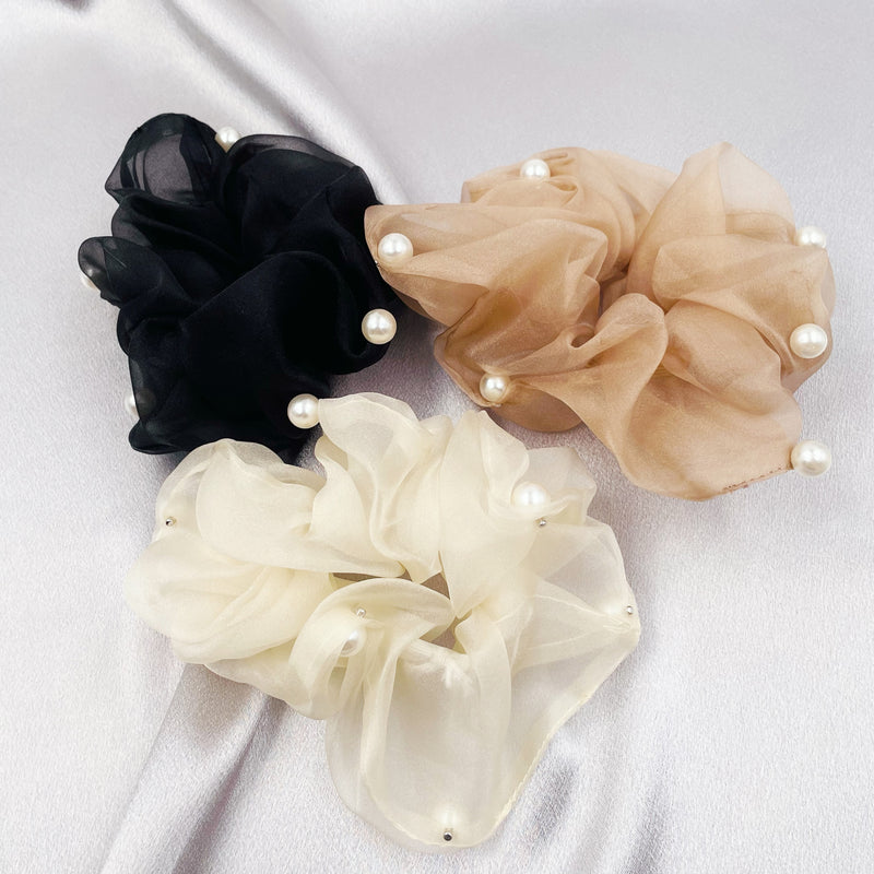 Pearl Studs Chiffon Scrunchie